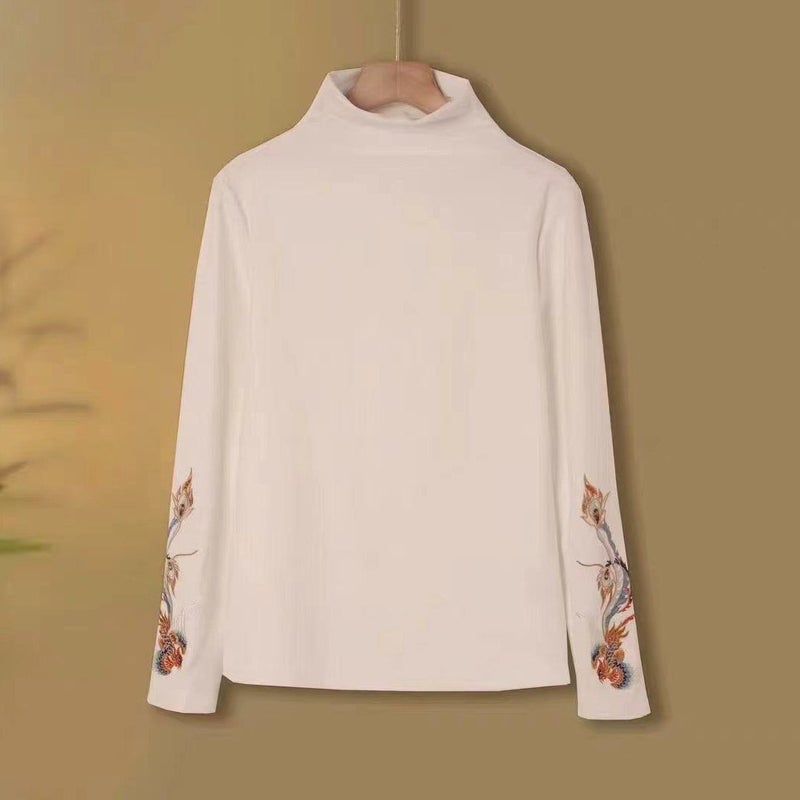 Thickened Warm Artistic Retro Embroidered All-Match Top Ethnic Style Chinese Half-High Collar Double-Sided Fleece T-Shirt - Image 1