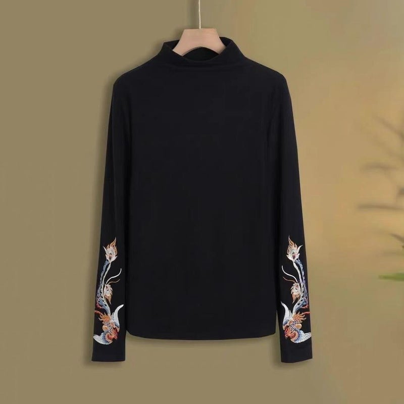 Thickened Warm Artistic Retro Embroidered All-Match Top Ethnic Style Chinese Half-High Collar Double-Sided Fleece T-Shirt - Image 3