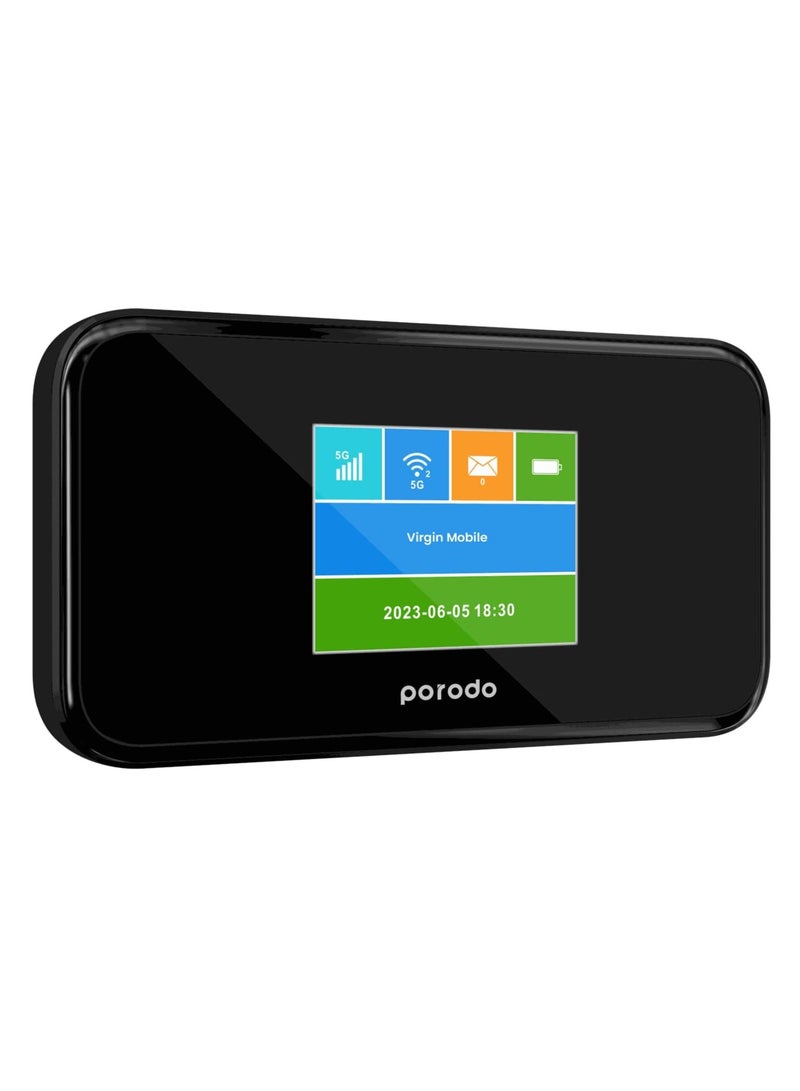 porodo Portable MiFi 5G Wireless Router 5000mAh, 40M Signal Distance, 2.4/5GHz, 12H Working Time, Upto 16 Devices Supported, 4G LTE Performance, Advanced Encryption, Black  - Image 1