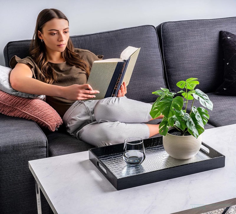 Home Redefined إعادة تعريف المنزل: صينية ديكورية أنيقة وعصرية وجميلة باللون الفضي والأسود 18x12 بوصة مستطيلة ��امعة من جلد التمساح، صينية قهوة عثمانية، عطر، غرفة المعيشة، المطبخ، مع مقابض لجميع المناسبات - Image 2