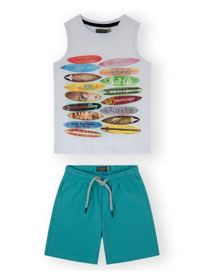 CANADA HOUSE Soft and Comfortable Grey and Lagoon Green 100% Organic Cotton T-shirt and Shorts for Boys