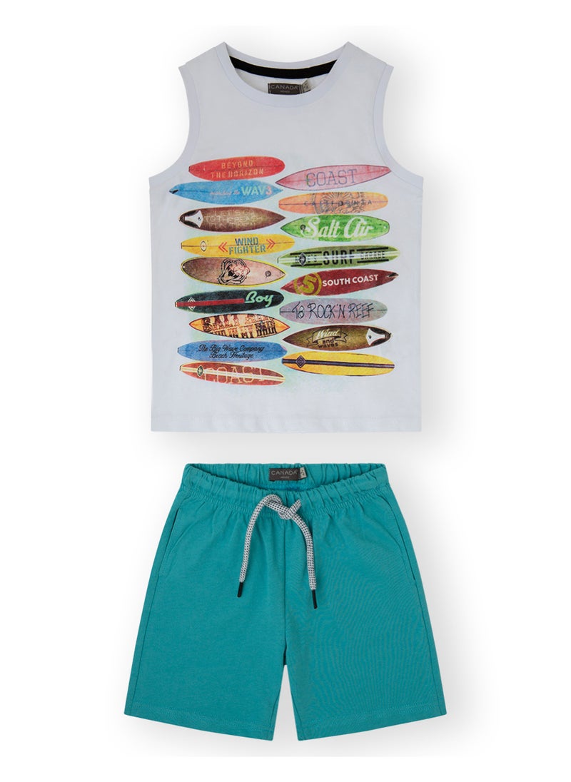 CANADA HOUSE Soft and Comfortable Grey and Lagoon Green 100% Organic Cotton T-shirt and Shorts for Boys  - Image 1