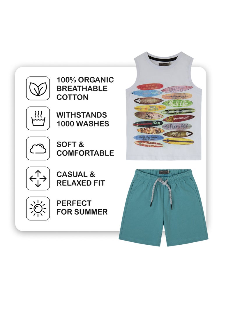 CANADA HOUSE Soft and Comfortable Grey and Lagoon Green 100% Organic Cotton T-shirt and Shorts for Boys  - Image 3