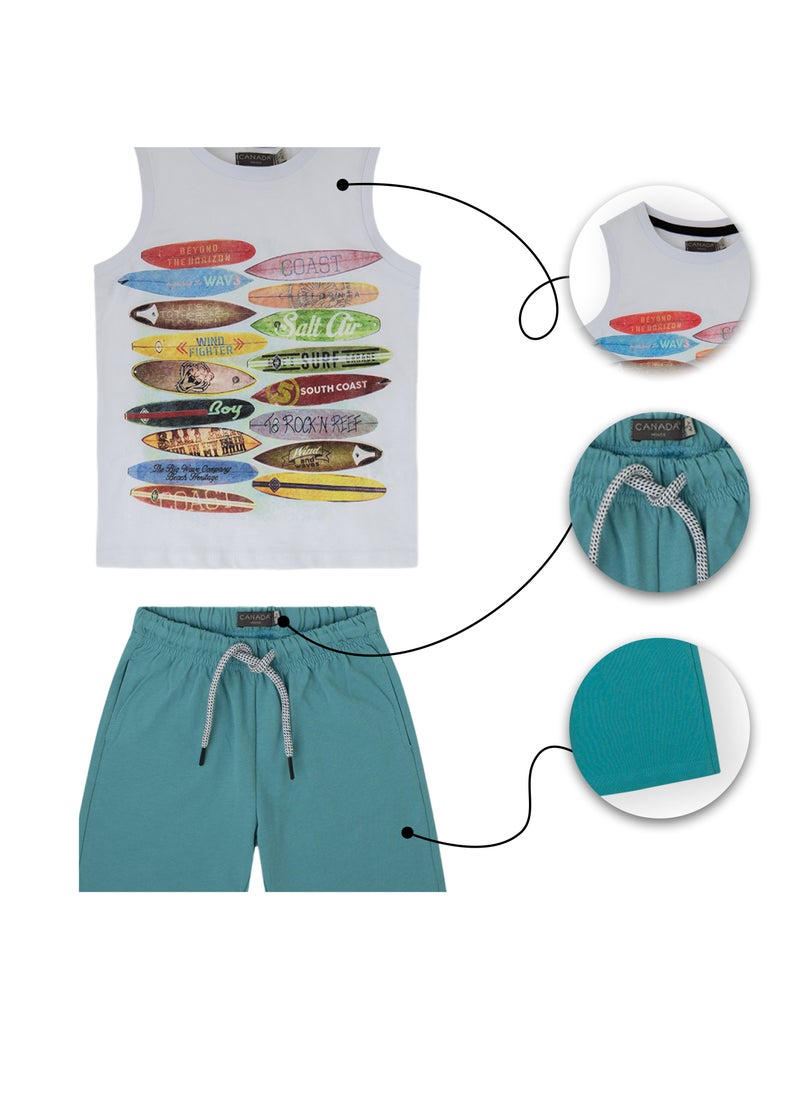 CANADA HOUSE Soft and Comfortable Grey and Lagoon Green 100% Organic Cotton T-shirt and Shorts for Boys  - Image 4