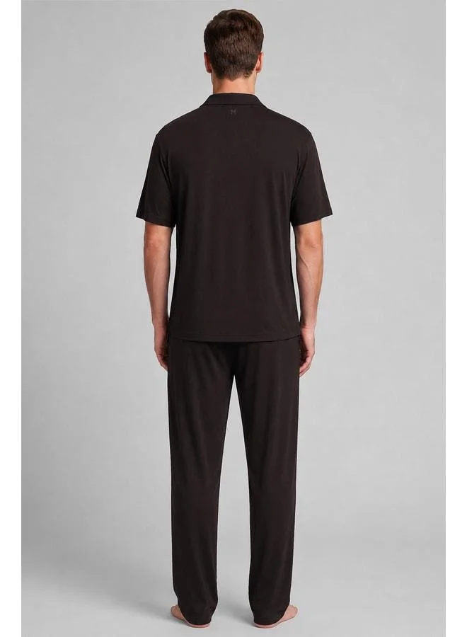 Aytuğ Men's Modal Blend Buttoned Pajama Set in Dark Brown.