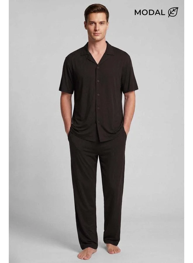 Aytuğ Men's Modal Blend Buttoned Pajama Set in Dark Brown.