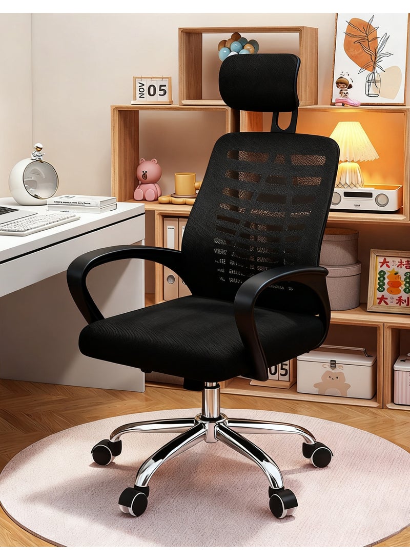 كرسي مكتب قابل للتعديل بشبكة مع أرجل معدنية، كرسي مكتب منزلي، كرسي كمبيوتر، كرسي عمل دوار بظهر مرتفع، قابل لتعديل الارتفاع، للعمل والألعاب، أسود - Image 1