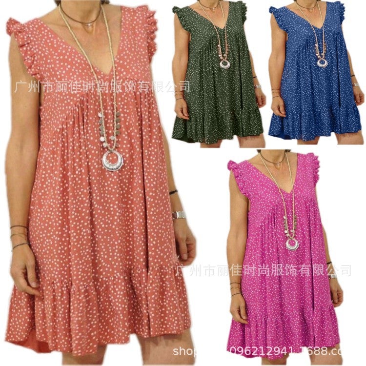 2019 Independent Station Short Sleeve V-Neck Low Cut Ruffle Sleeve Dress