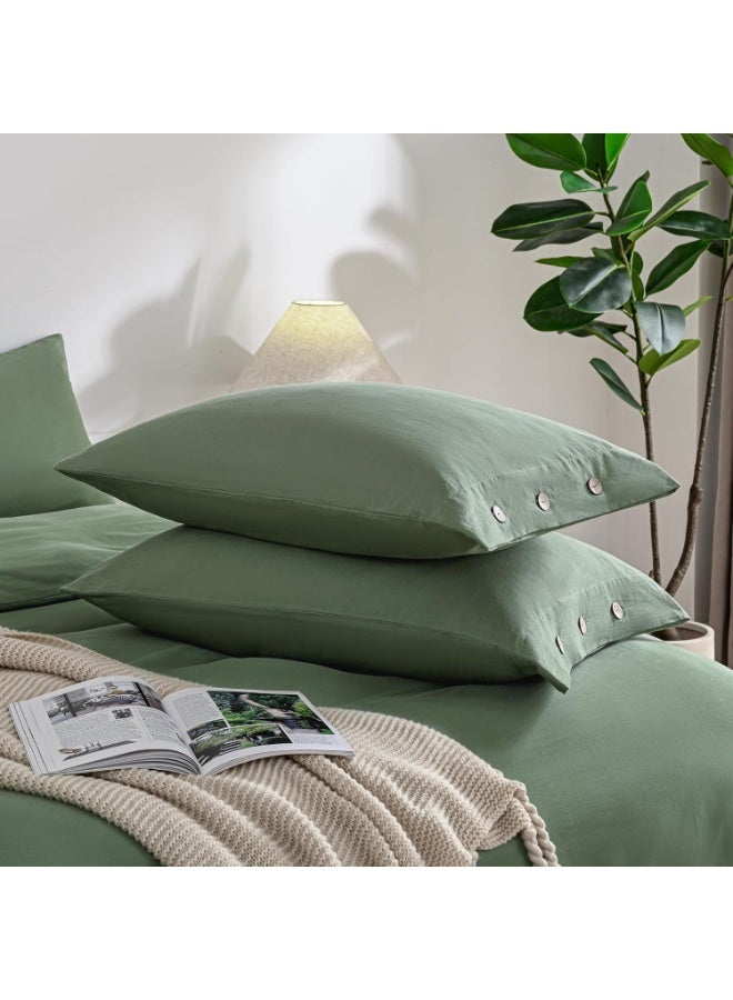 JELLYMONI Pillowcases Standard Set of 2 Cotton Button Pillow Covers 20×26in Green Bed Pillow Cases 100% Washed Cotton Soft Breathable (Pillows are not Included) - Image 3
