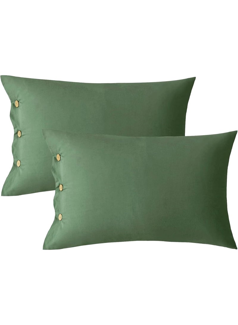 JELLYMONI Pillowcases Standard Set of 2 Cotton Button Pillow Covers 20×26in Green Bed Pillow Cases 100% Washed Cotton Soft Breathable (Pillows are not Included) - Image 1