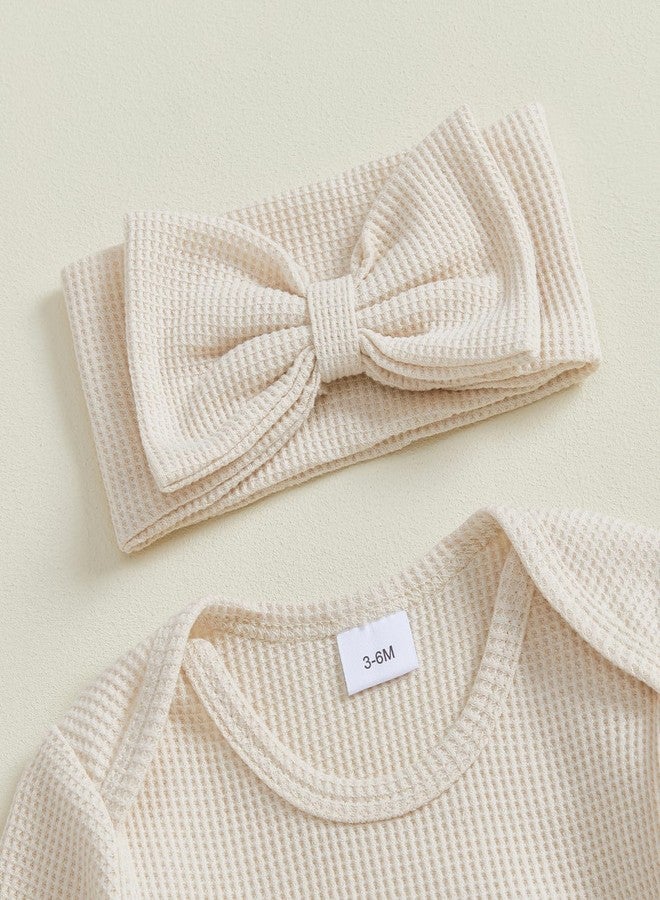 wybzd Little Sister Newborn Outfit Baby Girl Going Home Outfit Infant Romper Waffle Footies Knitted Jumpsuit Mitten Clothes (Beige little sister, Newborn) - Image 3