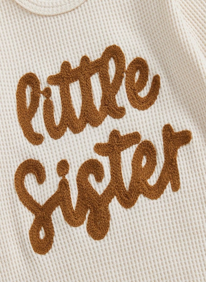 wybzd Little Sister Newborn Outfit Baby Girl Going Home Outfit Infant Romper Waffle Footies Knitted Jumpsuit Mitten Clothes (Beige little sister, Newborn) - Image 4