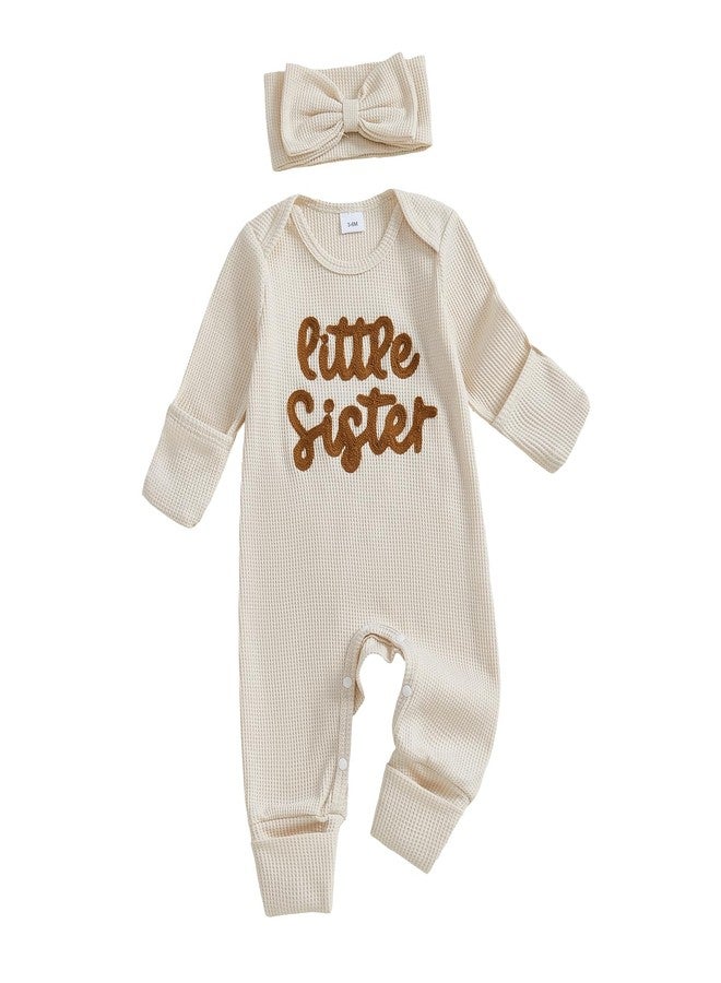 wybzd Little Sister Newborn Outfit Baby Girl Going Home Outfit Infant Romper Waffle Footies Knitted Jumpsuit Mitten Clothes (Beige little sister, Newborn) - Image 1