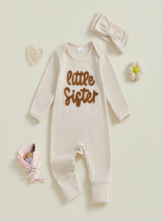 wybzd Little Sister Newborn Outfit Baby Girl Going Home Outfit Infant Romper Waffle Footies Knitted Jumpsuit Mitten Clothes (Beige little sister, Newborn) - Image 2