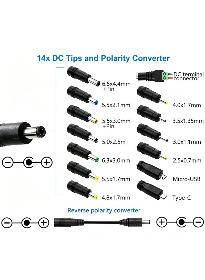 مزود طاقة عالمي 30 واط 3 فولت لمحولات AC/DC قابلة للتعديل من 12 فولت مع منفذ USB 5 فولت 2.1 أمبير، من 100 فولت-240 فولت AC إلى DC 3 فولت إلى 12 فولت بقدرة 0.5 أمبير حتى 2.5 أمبير كحد أقصى مع 14 طرفًا - Image 2