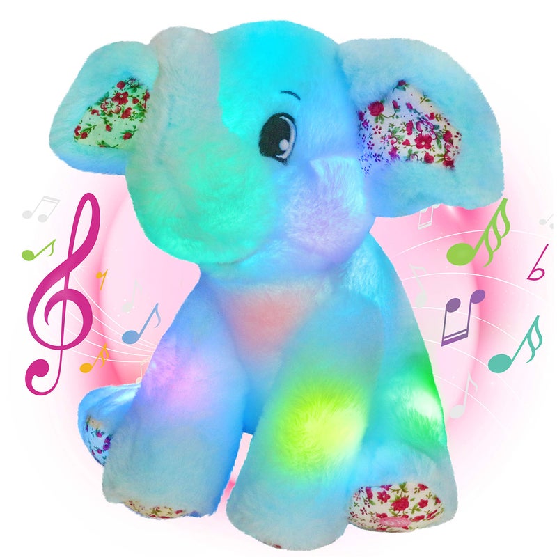 BSTAOFY 12 Musical Light Up Elephant Plush Toy Floppy LED Stuffed Animals Lullabies Nightlight Bedtime for Kids Birthday Valentines for Toddlers Blue - Image 3