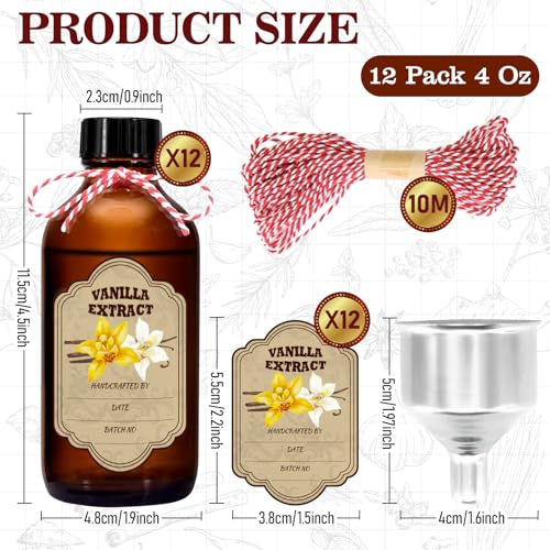 NVioAsport 12 Pack Amber Glass Vanilla Extract Bottles 4 oz with Lids, 12 PCS Vanilla Extract Labels and Funnel, Glass Boston Vanilla Bottles for Syrup Gift, Jars Glass Bottles for Vanilla Extract - Image 2