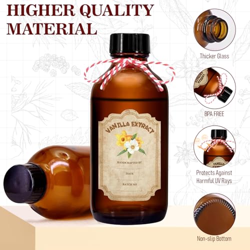 NVioAsport 12 Pack Amber Glass Vanilla Extract Bottles 4 oz with Lids, 12 PCS Vanilla Extract Labels and Funnel, Glass Boston Vanilla Bottles for Syrup Gift, Jars Glass Bottles for Vanilla Extract - Image 3