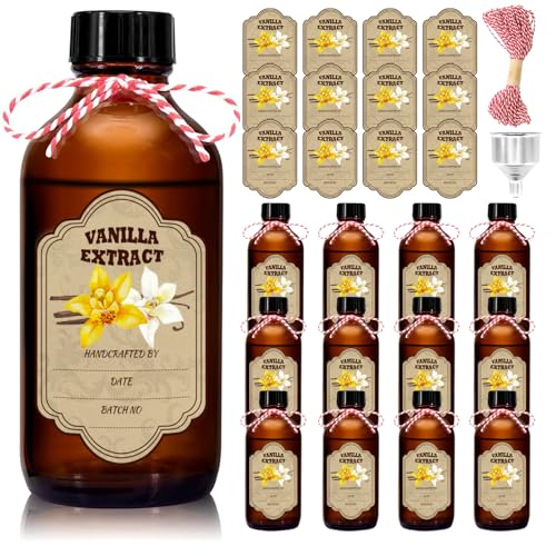 NVioAsport 12 Pack Amber Glass Vanilla Extract Bottles 4 oz with Lids, 12 PCS Vanilla Extract Labels and Funnel, Glass Boston Vanilla Bottles for Syrup Gift, Jars Glass Bottles for Vanilla Extract - Image 1