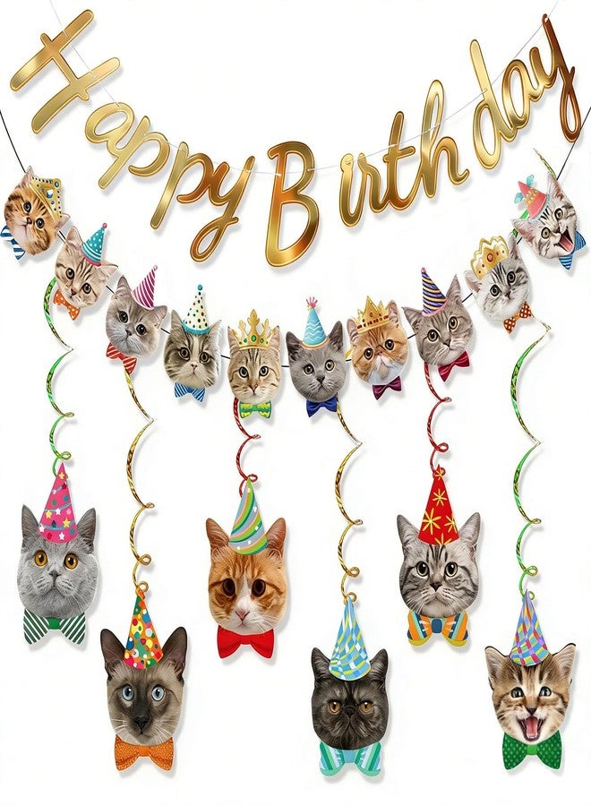 Favuit Cat Themed Birthday Party Decorations with Hanging Swirls, Happy Birthday Banner Cute Garland Gold Party Bunting Hanging Cutouts for Girl Boy Women Men and Pet Celebrations (Cat) - Image 1