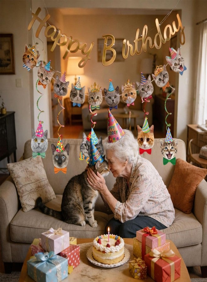 Favuit Cat Themed Birthday Party Decorations with Hanging Swirls, Happy Birthday Banner Cute Garland Gold Party Bunting Hanging Cutouts for Girl Boy Women Men and Pet Celebrations (Cat) - Image 2