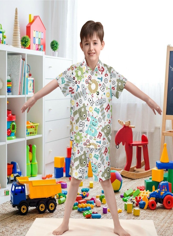 visesunny Boys 2 Piece Outfit Button Down Shirt and Short Sets Funny Robots Alphabet Cartoon Boy Summer Outfits for Children Kids 3T - Image 2