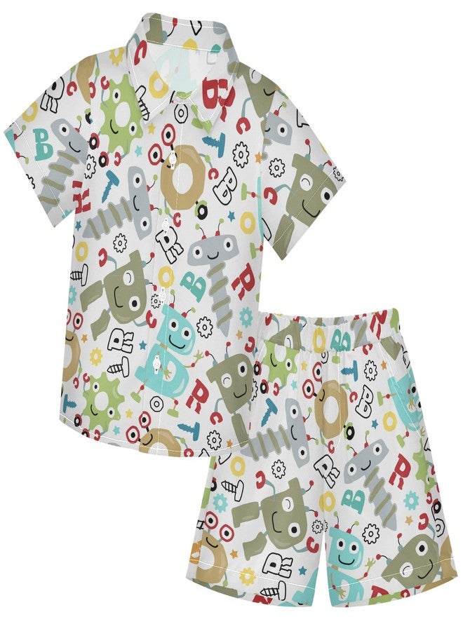visesunny Boys 2 Piece Outfit Button Down Shirt and Short Sets Funny Robots Alphabet Cartoon Boy Summer Outfits for Children Kids 3T - Image 1