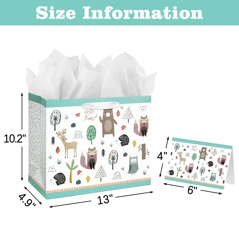 Laidans 13" Large Baby Gift Bag with Card and Tissue Paper for Baby Shower,Kids Birthday (Woodland Animal) - Image 2