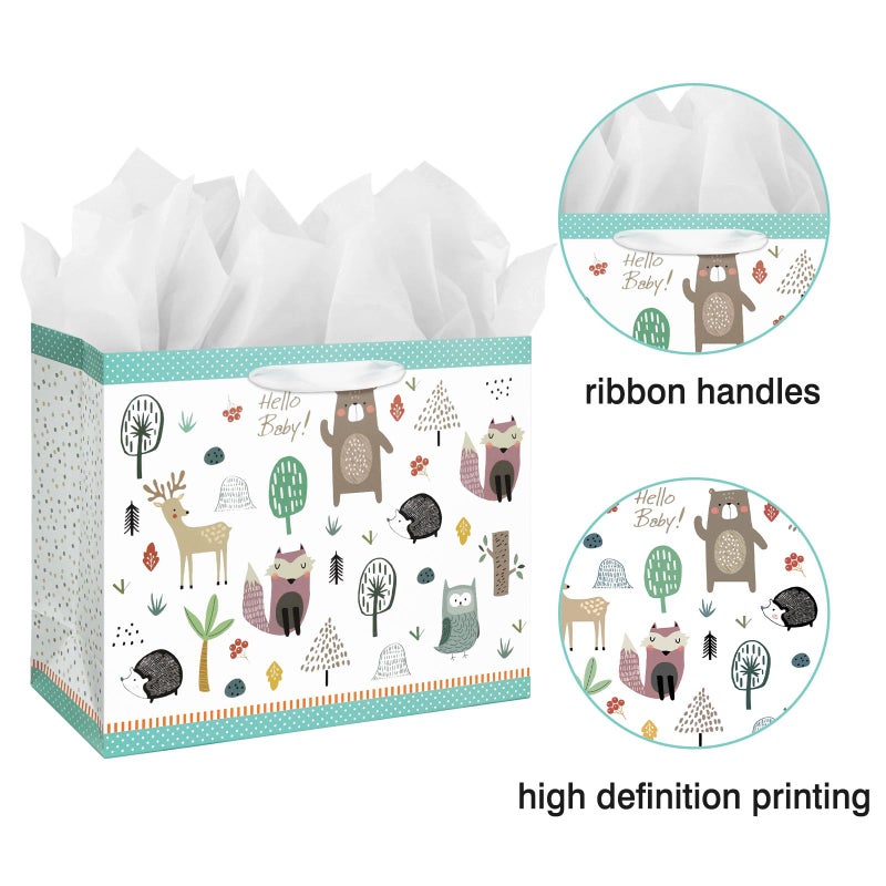 Laidans 13" Large Baby Gift Bag with Card and Tissue Paper for Baby Shower,Kids Birthday (Woodland Animal) - Image 4