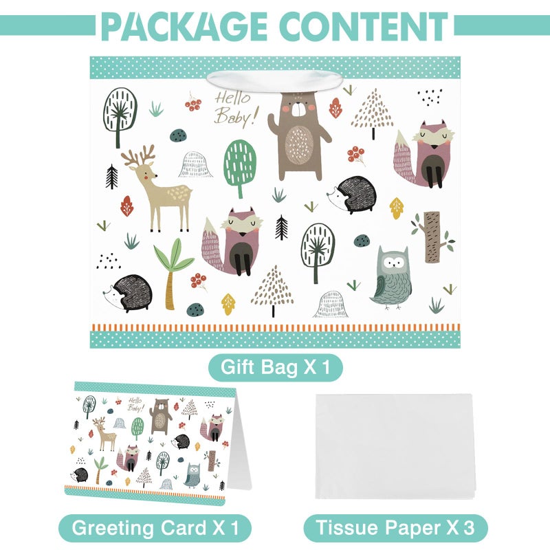 Laidans 13" Large Baby Gift Bag with Card and Tissue Paper for Baby Shower,Kids Birthday (Woodland Animal) - Image 3