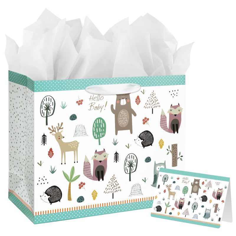Laidans 13" Large Baby Gift Bag with Card and Tissue Paper for Baby Shower,Kids Birthday (Woodland Animal) - Image 1