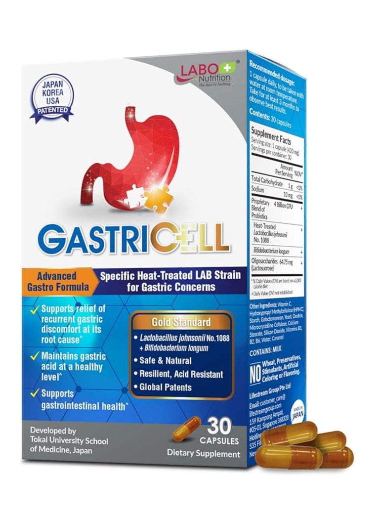 LABO Nutrition GASTRICELL Eliminate H. Pylori, Relieve Acid Reflux And Heartburn, Regulate Gastric Acid 30 Capsules
