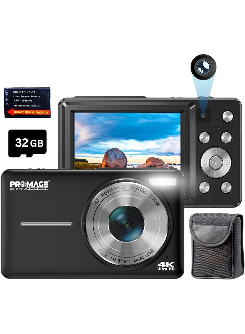 PROMAGE 4K Digital Camera - 64MP Front and Rear Cameras with 16X Zoom, Vlogging Camera with Fill Light, Compact Video Camera with Auto Focus, Photo Camera with 32GB Memory Card (Black) - Image 1