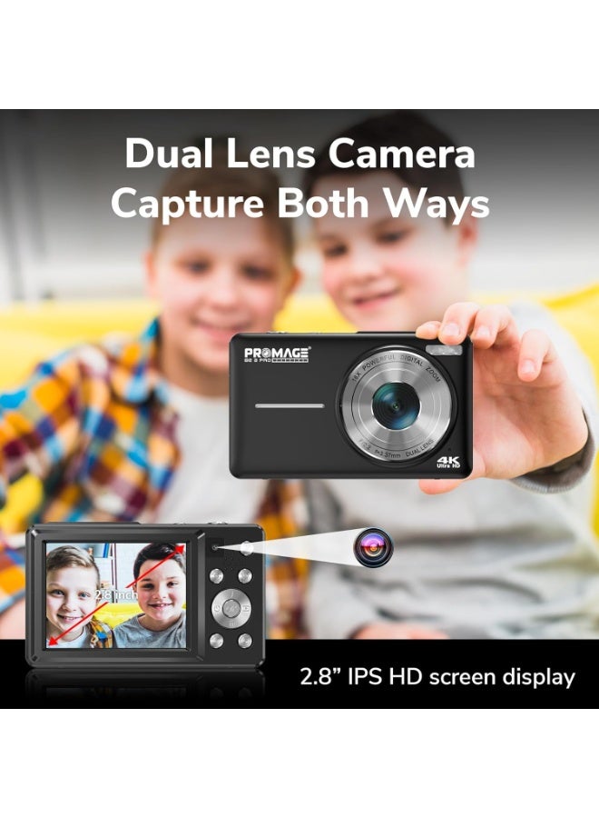 PROMAGE 4K Digital Camera - 64MP Front and Rear Cameras with 16X Zoom, Vlogging Camera with Fill Light, Compact Video Camera with Auto Focus, Photo Camera with 32GB Memory Card (Black) - Image 2