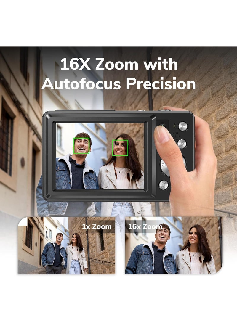 PROMAGE 4K Digital Camera - 64MP Front and Rear Cameras with 16X Zoom, Vlogging Camera with Fill Light, Compact Video Camera with Auto Focus, Photo Camera with 32GB Memory Card (Black) - Image 4