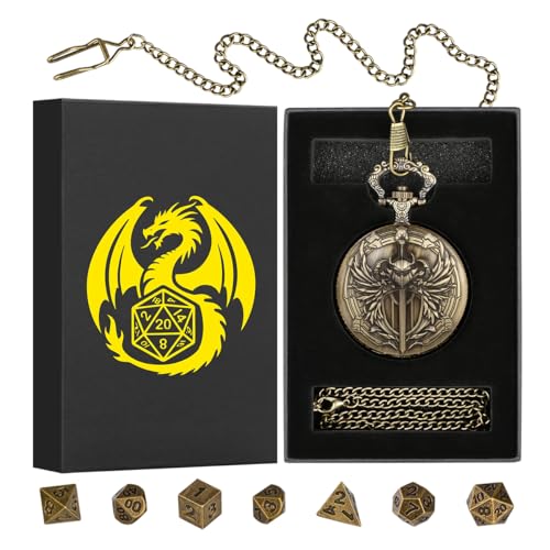 Keller & Weber Mini DND Dice Set with Steampunk Paladin Pocket Watch Shell Case DND Starter Set 7pcs Polyhedral Mini Metal Dice Set DD Gifts with Gift Box Role Playing Board Game AccessoriesBronze - Image 5