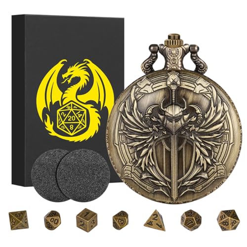 Keller & Weber Mini DND Dice Set with Steampunk Paladin Pocket Watch Shell Case DND Starter Set 7pcs Polyhedral Mini Metal Dice Set DD Gifts with Gift Box Role Playing Board Game AccessoriesBronze - Image 1