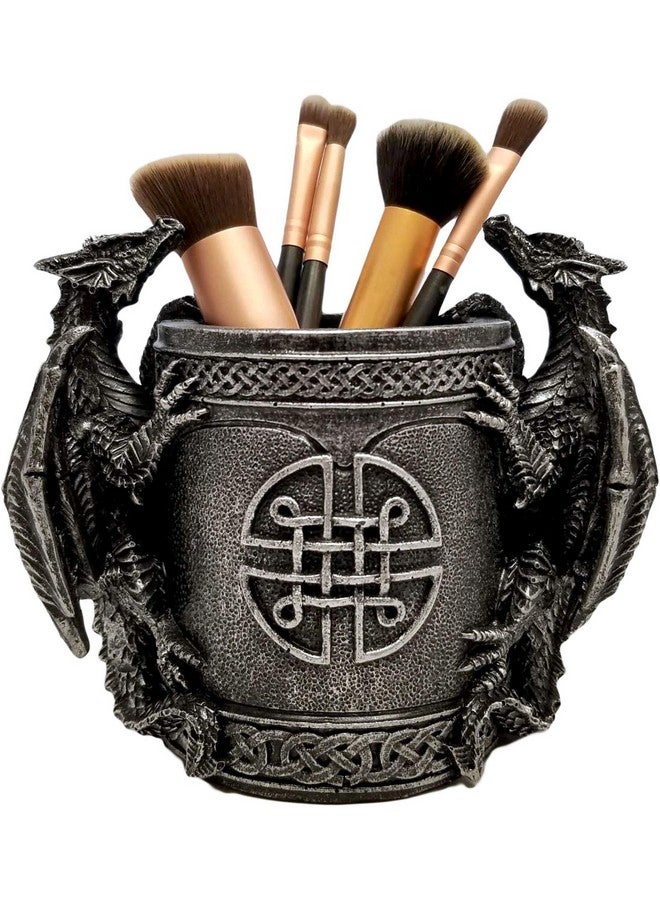 DWK - Literary Beasts - Twin Double Dragon Celtic Gothic Pen Pencil Desk Organizer Makeup Brush Holder Art Supply Caddy Home Office Accent Storage Accessory, Antique Silver Pewter, 6.5-Inch - Image 1