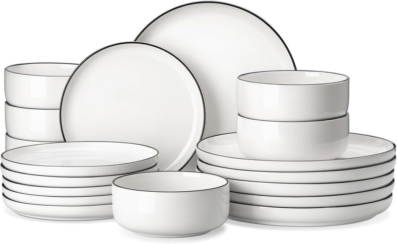 MALACASA Luna 18-Piece Crockery Set for 6 People, White Porcelain Dinner Service with Black Rim, Modern Crockery Set with 6 Dinner Plates, Dessert Plates and Cereal Bowls - Image 1