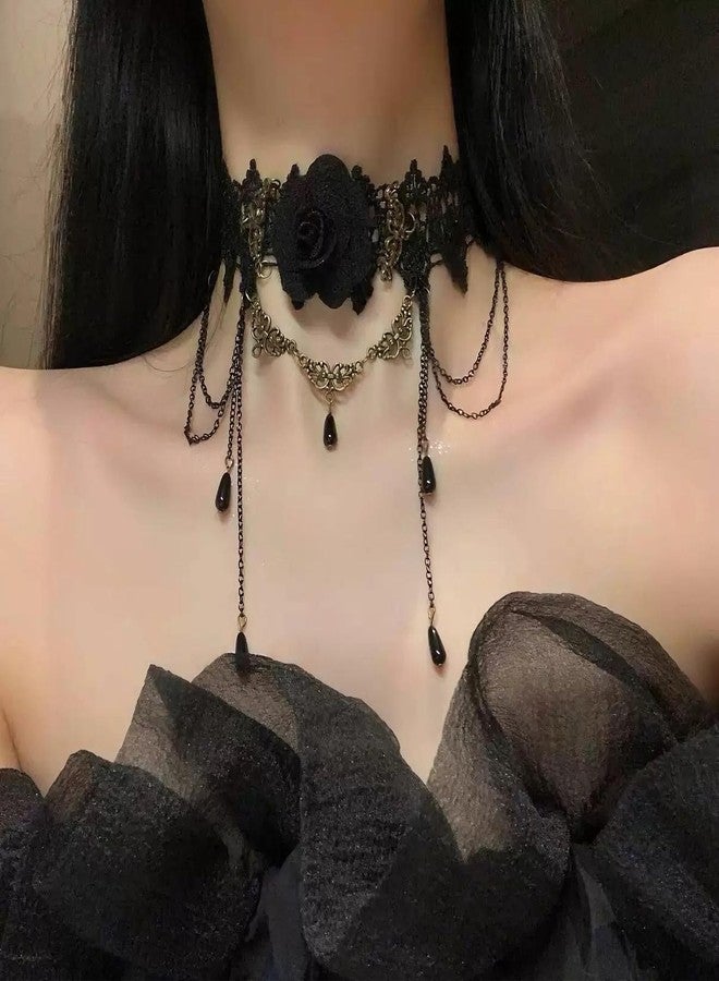 Aeenioy 2-Piece Gothic Jewellery Set, Choker Necklace Black with Rose Design, Stylish Black Necklace for Women, Gothic Jewelry Set with Earrings, Perfect for Parties, Weddings, and Daily Fashion - Image 3