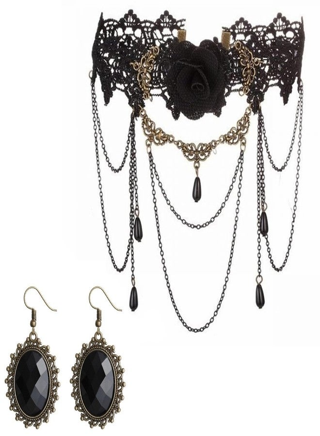 Aeenioy 2-Piece Gothic Jewellery Set, Choker Necklace Black with Rose Design, Stylish Black Necklace for Women, Gothic Jewelry Set with Earrings, Perfect for Parties, Weddings, and Daily Fashion - Image 1