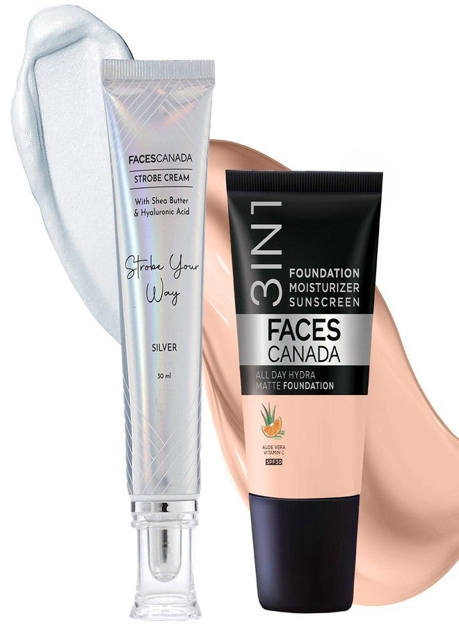 FACESCANADA Celeb Glow Kit | Silver Strobe Cream (30ml) + Rose Ivory Full All Day Hydra Matte Mini Foundation (18ml) | Makeup Kit For Women (Combo Pack of 2)