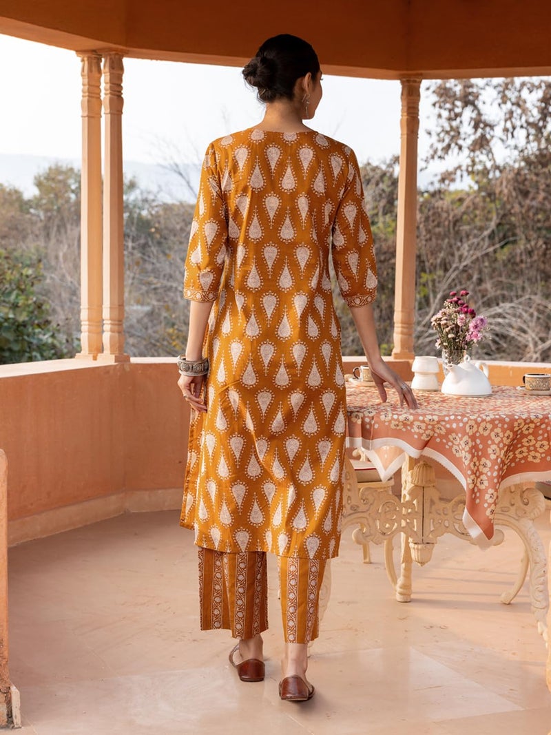 FIORRA Women's Mustard Cotton Printed Straight-Cut Kurta Set SET0186 - Image 2