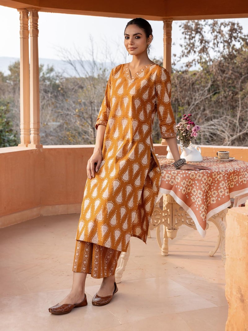 FIORRA Women's Mustard Cotton Printed Straight-Cut Kurta Set SET0186 - Image 3