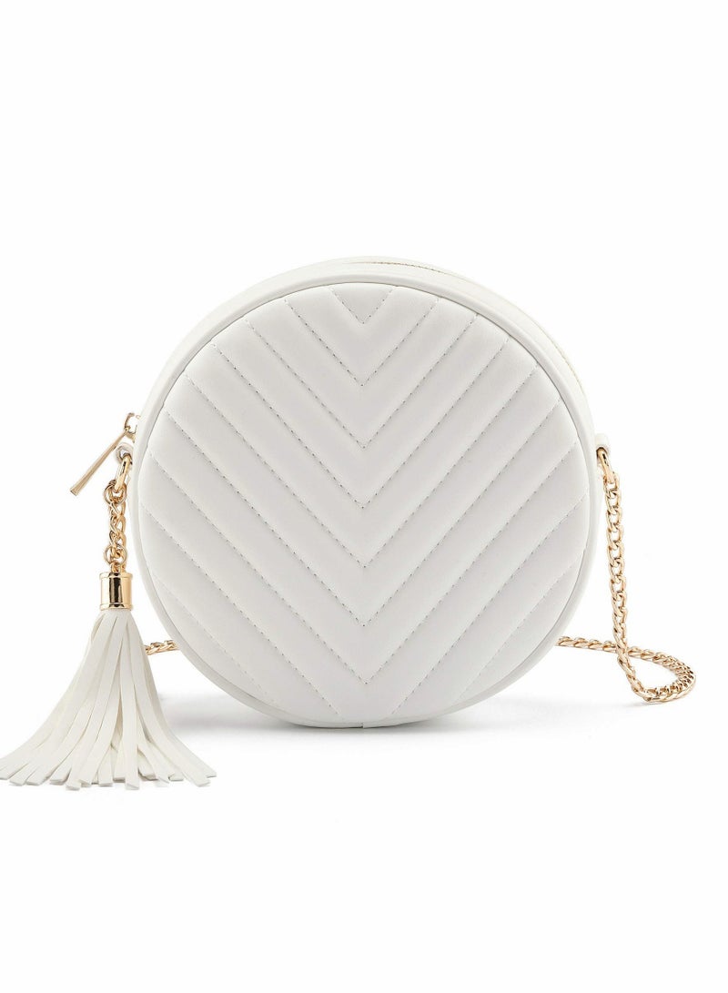 Crossbody Bags for Women, Round Quilted Purse, Faux Leather with Tassel - Image 1