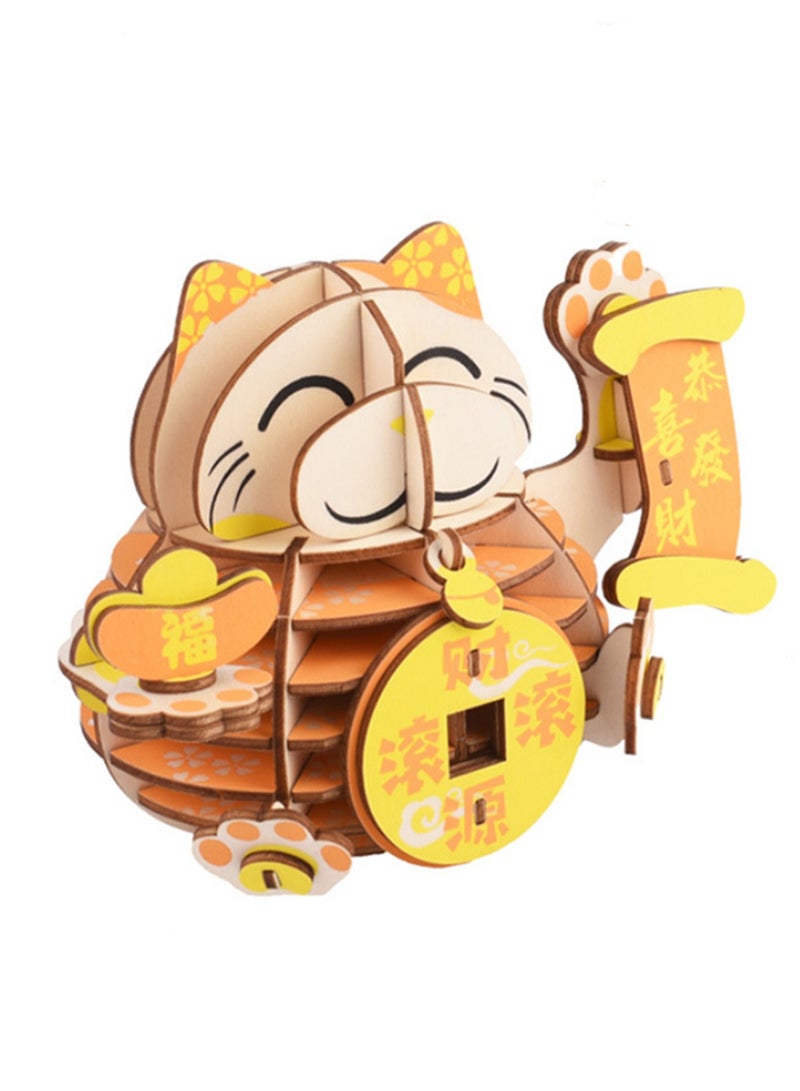 Children's Educational 3D Wooden Model Self-assembly Handmade Puzzle Toy (Lucky Cat 51Pcs) - Image 1
