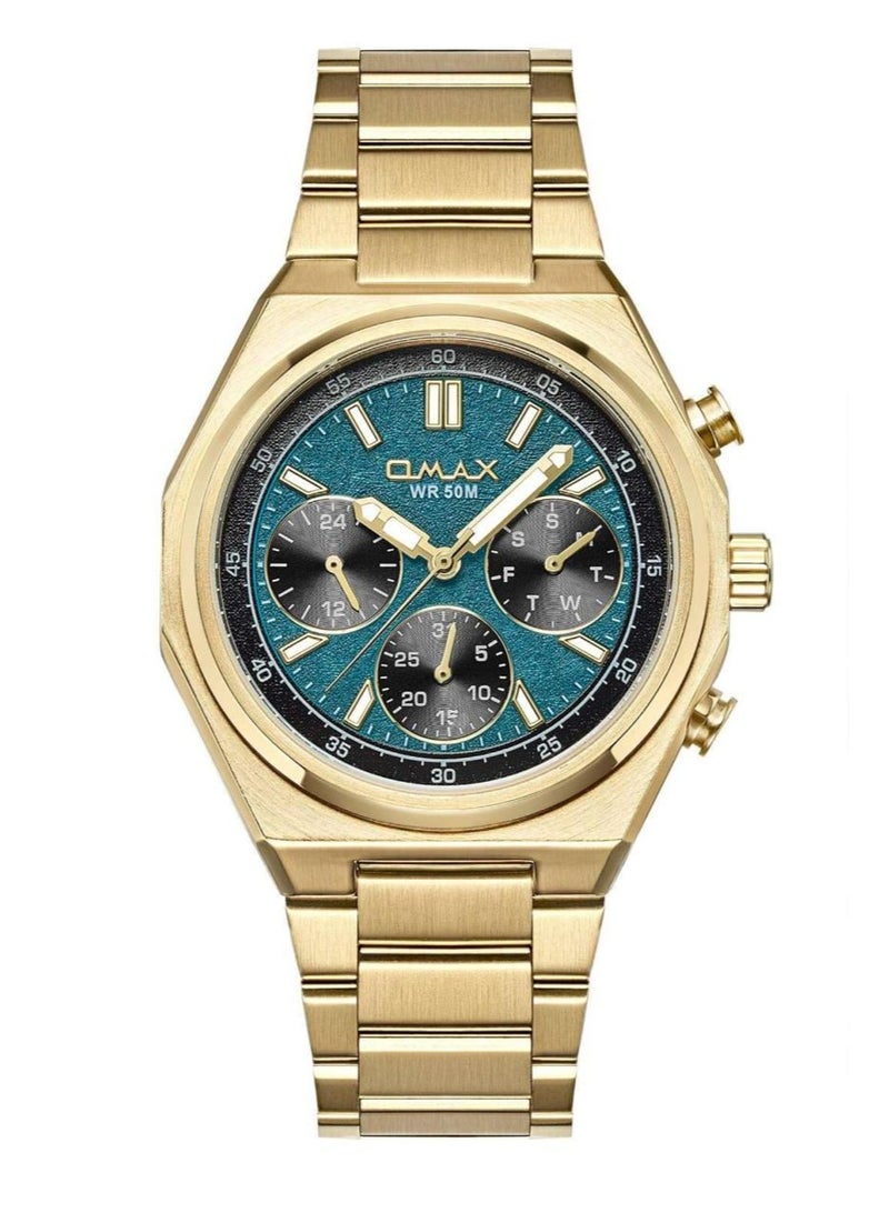 Omax Men's Gold Tone Analog Wrist Watch with Blue Dial, WR 50M - Image 1