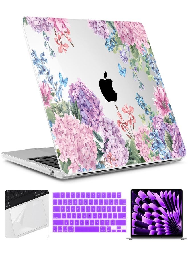 TWOLSKOO for M3 M2 MacBook Air 15 Inch Case 2024 2023 A3114 A2941 with Touch ID, Plastic Hard Shell Cover with Screen Protector & Keyboard Cover for MacBook Air 15.3", Colorful Hydrangea - Image 1