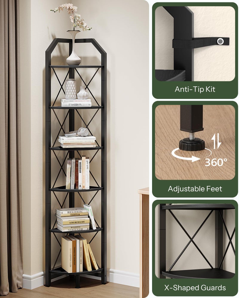 CHOEZON 6-Tier Corner Shelf, Industrial Corner Bookshelf, 71.2" Display Storage Stand, Plant Stand Display Shelf, Tall Bookcase for Bedroom, Living Room, Home Office, Black TCJ11BB - Image 5