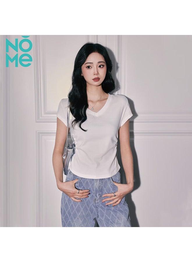 Nome Women's V-neck Short Sleeve T-shirt Summer New Pleated Waist Slim Half Sleeve White 2XL - Image 1